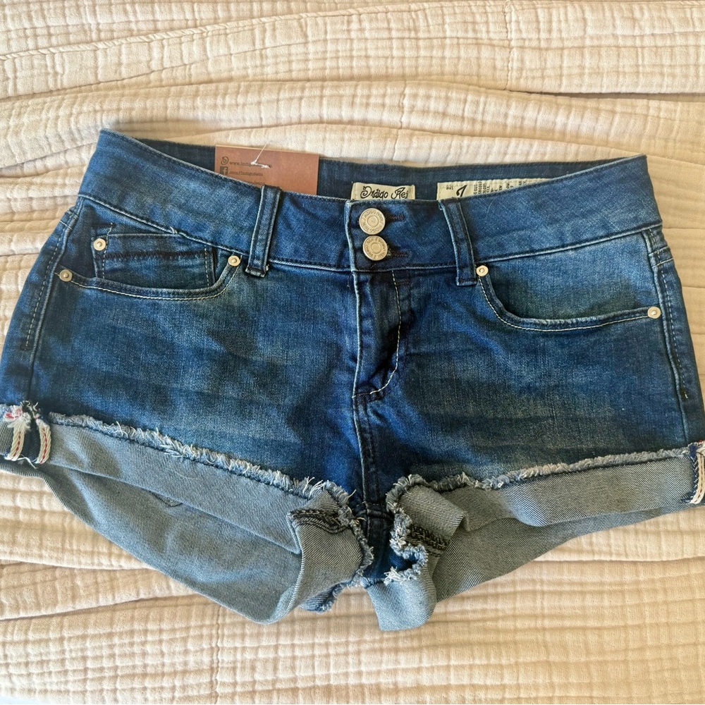 Indigo Rein Dark Blue Denim Frayed Hem Shorts